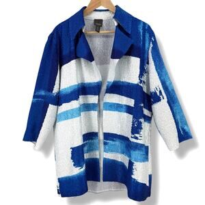 Chicos Travelers Collection Blue White Textured Crinkle Jacket Women's Sz L 2